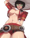  1girl abs absurdres arm_behind_back artist_name belt black_choker black_hair breasts brown_belt choker cleavage closed_mouth commentary cowboy_shot cropped_jacket english_commentary from_below glasses green_eyes guilty_gear guilty_gear_strive hand_on_headwear hat highres i-no jacket large_breasts lips lipstick looking_at_viewer makeup midriff mole mole_above_mouth mrhardpen navel no_bra open_clothes open_jacket red_headwear red_jacket red_lips red_shorts rimless_eyewear short_hair short_shorts short_sleeves shorts simple_background smile solo thighs tinted_eyewear twitter_username white_background witch_hat 