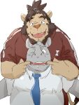  2021 anthro brown_body brown_fur clothing duo felid fur hi_res humanoid_hands kemono lion male mammal necktie overweight overweight_male pantherine rhinocerotoid shirt topwear train_(artist) 