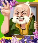  1boy ame_(regular_badge) closed_eyes collared_shirt commentary_request facial_hair flower green_shirt lowres male_focus old old_man open_mouth pixel_art pokemon pokemon_(game) pokemon_oras shirt short_sleeves solo teeth v wattson_(pokemon) white_hair wrinkles 