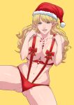  absurdres blonde_hair blue_eyes breast_squeeze breasts candy candy_cane christmas cirenk food gift_wrapping highres long_hair looking_at_viewer 