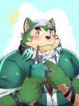  2021 anthro black_nose blush canid canine canis cellphone domestic_dog eating food fur green_body green_fur humanoid_hands kemono live-a-hero male mammal mokdai noichi_53 overweight overweight_anthro overweight_male phone smartphone solo video_games 