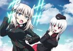  2girls bangs black_gloves black_headwear black_jacket blue_eyes blue_sky cloud cloudy_sky commentary cosplay costume_switch crossover day dress_shirt eyebrows_visible_through_hair garrison_cap girls_und_panzer glasses gloves hair_ornament hand_on_own_head hand_to_own_mouth hat heidimarie_w_schnaufer highres hirschgeweih_antennas insignia itsumi_erika jacket kamishima_kanon kuromorimine_military_uniform long_hair long_sleeves looking_at_another medium_hair military military_hat military_uniform multiple_girls necktie open_mouth outdoors pleated_skirt red_eyes red_neckwear red_shirt red_skirt rimless_eyewear shirt silver_hair skirt sky smile strike_witches uniform white_shirt wing_collar world_witches_series 
