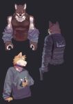 2021 9x8bit absurd_res anthro brown_body brown_fur canid canine canis clothing domestic_dog fur group hi_res humanoid_hands kemono male mammal scar shirt simple_background solo text topwear weapon 