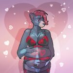  &lt;3 &lt;3_eyes anthro big_breasts black_nose blue_markings bra breasts brun_(sour_gems) clothed clothing curvy_figure english_text female fur grey_body grey_fur hair heart_background hi_res indigobx legwear lingerie looking_at_viewer mammal markings panties partially_clothed pink_background pink_heart pregnant pregnant_belly pregnant_female red_bra red_clothing red_eyes red_hair red_legwear red_stockings red_text red_underwear ring simple_background snout solo stockings stretched_clothing text text_on_body underwear ursid voluptuous white_heart 