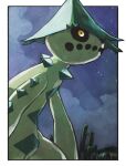  artist_name black_sclera border cacturne cactus colored_sclera commentary_request from_side gen_3_pokemon night no_humans odo_7ta outdoors pokemon pokemon_(creature) solo white_border yellow_eyes 