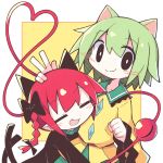  2girls :3 =_= animal_ears asameshi bangs black_bow black_dress black_eyes blush_stickers bow braid bright_pupils cat_ears cat_tail closed_eyes commentary dress extra_ears green_hair green_skirt hair_bow hand_on_another&#039;s_head heart heart_of_string highres hug kaenbyou_rin kemonomimi_mode komeiji_koishi long_hair long_sleeves looking_at_viewer multiple_girls multiple_tails no_hat no_headwear open_mouth pointy_ears red_hair shirt short_hair skirt smile tail third_eye touhou twin_braids two_tails upper_body v white_pupils wide_sleeves yellow_background yellow_shirt |3 |d 