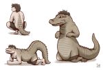  all_fours anthro belly brown_hair claws clothed clothing crocodilian crouching green_body green_scales hair hi_res human human_to_anthro kneeling male mammal reptile scales scalie semi-anthro sequence slightly_chubby solo species_transformation taitora teeth thick_tail toe_claws topless transformation 