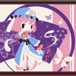  1girl black_bow black_footwear blue_bow blue_kimono blush bow bug butterfly chibi cobalta crossed_legs eyebrows_visible_through_hair fan folding_fan ghost_tail goshoguruma hat hitodama insect japanese_clothes kimono mob_cap obi pink_hair ribbon-trimmed_sleeves ribbon_trim saigyouji_yuyuko saigyouji_yuyuko&#039;s_fan_design sash shippou_(pattern) short_hair touhou triangular_headpiece watson_cross wide_sleeves 