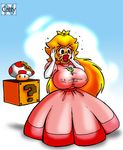  1girl blonde_hair breast_expansion breasts crown dress elbow_gloves erect_nipples gloves huge_breasts impossible_clothes impossible_shirt long_hair lowres mario_(series) mushroom nintendo open_mouth peach pink_dress princess_peach shirt solo super_mario_bros. surprised 