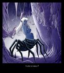  arachnid arthropod breasts drider drow elf english_text female flower flower_in_hair hair karbo lolth long_hair monster monster_girl navel nipples pregnant solo spider text upside_down webbing white_hair 