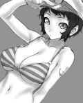  1girl anchor_symbol anchor_tattoo arm_between_breasts bare_shoulders between_breasts breasts closed_mouth dutch_angle gishu grey_background greyscale hand_on_headwear hand_up hat highres large_breasts looking_at_viewer monochrome murasa_minamitsu navel peaked_cap persona short_hair sidelocks simple_background solo tattoo touhou upper_body 