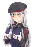  1girl bangs beret black_headwear blunt_bangs blush breasts commentary_request facial_mark girls_frontline gloves grabbing_own_breast green_eyes hair_ornament hat highres hk416_(girls_frontline) jacket ki_lllorz long_hair long_sleeves looking_at_viewer silver_hair solo upper_body white_background white_gloves 