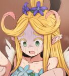  1girl blonde_hair blue_flower blush crying crying_with_eyes_open curly_hair faerie_(seiken_densetsu_3) fairy flat_chest flower gradient_hair hair_flower hair_ornament implied_rape implied_sex mamerakkkkko minigirl multicolored_hair nipples open_mouth pink_hair pointy_ears purple_flower seiken_densetsu seiken_densetsu_3 solo_focus sweat sweating_profusely tears topknot turn_pale wide-eyed 