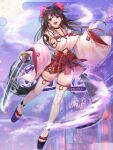  1girl belt_bow black_hair breasts cherry_blossoms clogs crpg_(creative_rpg) gakuon_(gakuto) headband holding holding_weapon japanese_clothes katana kimono long_hair looking_at_viewer miko miniskirt official_art open_mouth skirt sword thighs weapon 