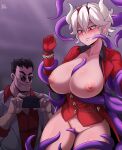  absurd_res beelzebub_(helltaker) big_breasts blush bodily_fluids breasts censored clothing demon ear_piercing female genitals helltaker hi_res human humanoid jmg male mammal nipples not_furry phone piercing protagonist_(helltaker) pussy sweat tentacles 