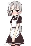  1girl alternate_costume apron asymmetrical_hair bangs black_dress blush cowboy_shot dress flipped_hair kantai_collection long_hair nose_blush nowaki_(kancolle) silver_eyes silver_hair simple_background solo swept_bangs waitress white_apron white_background yoru_nai 