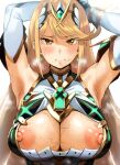  1girl absurdres after_fellatio armpits bangs bare_shoulders blonde_hair blush breasts chest_jewel cleavage_cutout clothing_cutout dress earrings elbow_gloves gloves hero_neisan highres huge_filesize jewelry large_breasts long_hair looking_at_viewer mythra_(xenoblade) nipples presenting_armpit smile stray_pubic_hair swept_bangs tiara white_dress white_gloves xenoblade_chronicles_(series) xenoblade_chronicles_2 yellow_eyes 