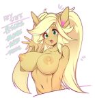  1girl blonde_hair breasts commentary english_commentary furry green_eyes highres horse_girl horse_tail large_breasts long_hair navel nipples nude open_mouth original saliva simple_background slugbox solo tail twintails upper_body white_background 