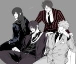  4boys bangs belt belt_buckle buckle collared_shirt eyebrows_visible_through_hair formal gintama grey_background grin hair_between_eyes hand_on_another&#039;s_shoulder highres hisknn katsura_kotarou limited_palette long_hair long_sleeves male_focus multiple_boys necktie pants parted_bangs parted_lips sakamoto_tatsuma sakata_gintoki shirt simple_background sitting smile standing striped striped_jacket suit takasugi_shinsuke vertical-striped_jacket vertical_stripes 