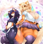  anthro arcanine beverage big_breasts bottomwear breasts cleavage clothed clothing duo female hi_res larger_female leonkatlovre miniskirt nintendo pok&eacute;mon pok&eacute;mon_(species) size_difference skirt video_games 