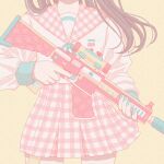  1girl aqua_nails assault_rifle bare_legs cherry close-up commentary finger_on_trigger food fruit gun head_out_of_frame highres holding holding_gun holding_weapon long_sleeves medium_hair nail_polish neckerchief nekomaru0817 original pastel_colors pink_sailor_collar pink_skirt plaid plaid_sailor_collar plaid_skirt rifle sailor_collar scope simple_background skirt solo symbol_commentary weapon white_neckwear yellow_background 