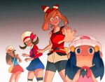  4girls beanie bow brown_hair chibi dawn_(pokemon) hair_bow hat king_fabu leaf_(pokemon) long_hair looking_at_viewer lyra_(pokemon) may_(pokemon) multiple_girls outstretched_arm overalls pokemon pokemon_(game) pokemon_bdsp pokemon_frlg pokemon_hgss pokemon_oras scared scarf shaded_face short_shorts shorts skirt sleeveless smile twintails white_headwear 
