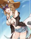  1girl animal_ears arknights bangs braid breasts brown_hair gem hat heart highres jewelry large_breasts mabingame open_mouth purple_eyes shorts sky smile sunglasses swimsuit tail twin_braids utage_(arknights) utage_(summer_flowers)_(arknights) 