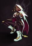  1girl asymmetrical_hair black_gloves black_pants breasts cape dark_skin dark_skinned_female elbow_gloves english_commentary full_body gloves glowing glowing_eyes green_eyes hairlocs highres hood hood_up hooded_cape league_of_legends lips medium_breasts nose pants qt0ri senna_(league_of_legends) shoes sneakers solo squatting very_dark_skin white_cape white_footwear 