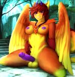  absurd_res anthro avian balls breasts detailed_background dragon european_mythology genitals greek_mythology gynomorph hi_res hybrid intersex kneeling mythological_avian mythological_firebird mythology non-mammal_breasts penis phoenix redfiery solo tr.anonymous.h wings 