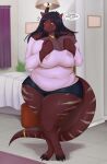  anthro bed big_breasts black_hair breasts detailed_background dragon female furniture hair harnny hi_res huge_breasts huge_thighs hyper hyper_breasts hyper_thighs scalie skarlett_cynder solo thick_thighs 