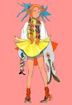  1girl dress full_body highres long_hair long_sleeves orange_hair original pink_background print_legwear red_legwear simple_background sleeves_past_fingers sleeves_past_wrists socks solo standing ukumo_uichi yellow_dress yellow_eyes 