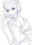  1girl bare_shoulders bow bowtie breasts closed_mouth coat cowboy_shot detached_collar fate/grand_order fate_(series) gishu hat helena_blavatsky_(fate) helena_blavatsky_(swimsuit_archer)_(fate) looking_at_viewer monochrome navel off_shoulder purple_theme short_hair simple_background sketch small_breasts smile solo standing white_background 