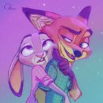  1:1 anthro buckteeth canid canine clothing dipstick_ears disney duo female fox green_eyes hi_res judy_hopps lagomorph leporid male mammal multicolored_ears nick_wilde open_mouth open_smile purple_eyes qalcove rabbit signature silly simple_background smile teeth zootopia 