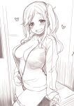  1girl blush breasts cleavage condom fang heart hijiri_tsukasa inuyama_aoi long_hair looking_at_viewer monochrome open_clothes open_mouth open_shirt side_ponytail sketch smile solo yurucamp 