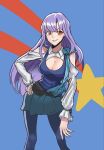  1girl bangs blue_tank_top breasts cleavage cleavage_cutout clothing_cutout eyebrows_visible_through_hair fanny_pack gundam gundam_zz hand_on_hip highres large_breasts leaning_to_the_side looking_to_the_side pantyhose purple_hair red_eyes roux_louka shoulder_cutout smirk solo star_(symbol) tank_top tntsama v-shaped_eyebrows 
