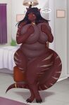  anthro bed big_breasts black_hair breasts detailed_background dragon embarrassed female furniture genitals hair harnny hi_res nude overweight overweight_anthro overweight_female pussy scalie skarlett_cynder solo thick_thighs 