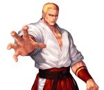 1boy arm_at_side blonde_hair blue_eyes collarbone commentary_request cowboy_shot dougi evilgun fatal_fury fingernails geese_howard hakama highres japanese_clothes looking_at_viewer male_cleavage male_focus outstretched_arm parted_lips pectorals red_hakama short_hair simple_background smile smirk solo standing the_king_of_fighters the_king_of_fighters_&#039;96 white_background 