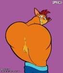  absurd_res activision anus balls big_butt butt crash_bandicoot crash_bandicoot_(series) digital_media_(artwork) embarrassed fur genitals hair hi_res looking_at_viewer male muscle_butt simple_background solo spaca text thick_thighs video_games wide_hips 