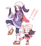  !! 2girls artist_name beanie black_hair boots chibi dawn_(pokemon) female_protagonist_(pokemon_legends:_arceus) hat head_scarf highres japanese_clothes kimono looking_at_another minigirl multiple_girls olivine_arc parody pink_footwear pink_skirt poke_ball_symbol pokemon pokemon_(game) pokemon_bdsp pokemon_legends:_arceus ponytail pose pout red_scarf scarf simple_background skirt sleeveless white_headwear yotsubato! yotsubato!_pose 