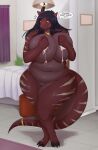  anthro bed big_breasts black_hair bodily_fluids breasts detailed_background dragon female furniture genitals hair harnny hi_res lactating nude pussy scalie skarlett_cynder solo thick_thighs 