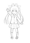  1girl :&lt; antenna_hair blush commentary_request full_body greyscale hair_ribbon highres kneehighs long_hair long_sleeves looking_at_viewer miyauchi_renge monochrome non_non_biyori open_mouth outstretched_arm pleated_skirt puffy_long_sleeves puffy_sleeves ribbon shika_(s1ka) shirt shoes simple_background skirt solo standing triangle_mouth twintails uwabaki very_long_hair white_background 