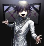  1boy :d bangs black_hair checkered checkered_scarf commentary danganronpa_(series) danganronpa_v3:_killing_harmony grey_jacket hair_between_eyes highres iei jacket light long_sleeves looking_at_viewer male_focus open_mouth ouma_kokichi purple_eyes purple_hair revision scarf short_hair smile solo spoilers straitjacket suzumetarou translated upper_body 