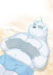  2021 anthro bulge buruukoori clothing eyes_closed fur hi_res humanoid_hands kemono knights_college male mammal paul_(knights_college) polar_bear slightly_chubby solo underwear ursid ursine video_games visual_novel white_body white_fur 