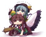  2girls :3 arm_cannon arm_support bangs black_feathers black_headwear black_wings blouse bow brown_eyes brown_hair cape collared_blouse eyebrows_visible_through_hair full_body green_bow green_eyes green_skirt grey_hair hair_bow hat hat_ribbon komeiji_koishi long_hair long_sleeves looking_up mismatched_footwear multiple_girls on_person open_mouth pointing pointing_up reiuji_utsuho ribbon shirt short_hair short_sleeves simple_background sitting skirt smile third_eye touhou twitter_username unime_seaflower weapon white_background white_blouse white_cape wide_sleeves wings yellow_ribbon yellow_shirt 