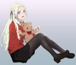  1girl :d alternate_costume asao_(vc) black_footwear black_legwear black_skirt braid collared_shirt edelgard_von_hresvelg fire_emblem fire_emblem:_three_houses french_braid from_side full_body gradient gradient_background grey_background hair_ribbon highres loafers long_hair long_sleeves looking_at_viewer miniskirt necktie open_mouth pantyhose pleated_skirt purple_eyes purple_ribbon red_sweater ribbon school_uniform shiny shiny_clothes shiny_legwear shirt shoes silver_hair skirt smile solo striped striped_neckwear stuffed_animal stuffed_toy sweater teddy_bear very_long_hair white_shirt wing_collar 