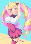  1girl animal_ear_fluff animal_ears armpits arms_behind_head arms_up bangs bare_shoulders black_bow blonde_hair blue_background blush bow breasts brown_background cat_ears cat_girl cat_tail center_frills collared_shirt frills hair_bow highres ichi_makoto large_breasts long_hair long_sleeves looking_at_viewer mashima_himeko_(show_by_rock!!) multicolored_hair parted_lips pink_hair pink_lips pink_skirt pleated_skirt red_eyes shirt show_by_rock!! skirt sleeveless sleeveless_shirt solo sweat tail thighhighs twintails two-tone_background two-tone_hair very_long_hair white_shirt 