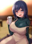  1girl beer_can beige_dress black_hair black_legwear blue_eyes blurry breasts can cushion depth_of_field drunk green_sweater hair_down highres kantai_collection kihou_no_gotoku_dmc large_breasts long_hair looking_at_viewer official_alternate_costume open_mouth ribbed_sweater solo souryuu_(kancolle) strap_slip sweater tatami turtleneck zabuton 