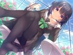  black_hair cameltoe clouds flowers long_hair original panties pantyhose rose school_uniform skirt_lift sky underwear yukie 