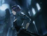  1girl blue_hair blurry blurry_background blurry_foreground breasts cleavage closed_mouth dust_particles dutch_angle fire_emblem fire_emblem:_three_houses grey_jacket holding holding_sheath holding_sword holding_weapon jacket long_sleeves lowres medium_breasts mo_(ine_mao) open_clothes open_jacket profile shamir_nevrand sheath sheathed shiny shiny_hair short_hair solo sword weapon 