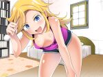  1girl arm_up bed bedroom bent_over blonde_hair blue_eyes bookshelf breasts cutoffs denim denim_shorts downblouse forehead highres indoors kuku123 long_hair looking_at_viewer mimikaki open_mouth original pillow purple_tank_top short_shorts shorts small_breasts smile solo tank_top thighs window 